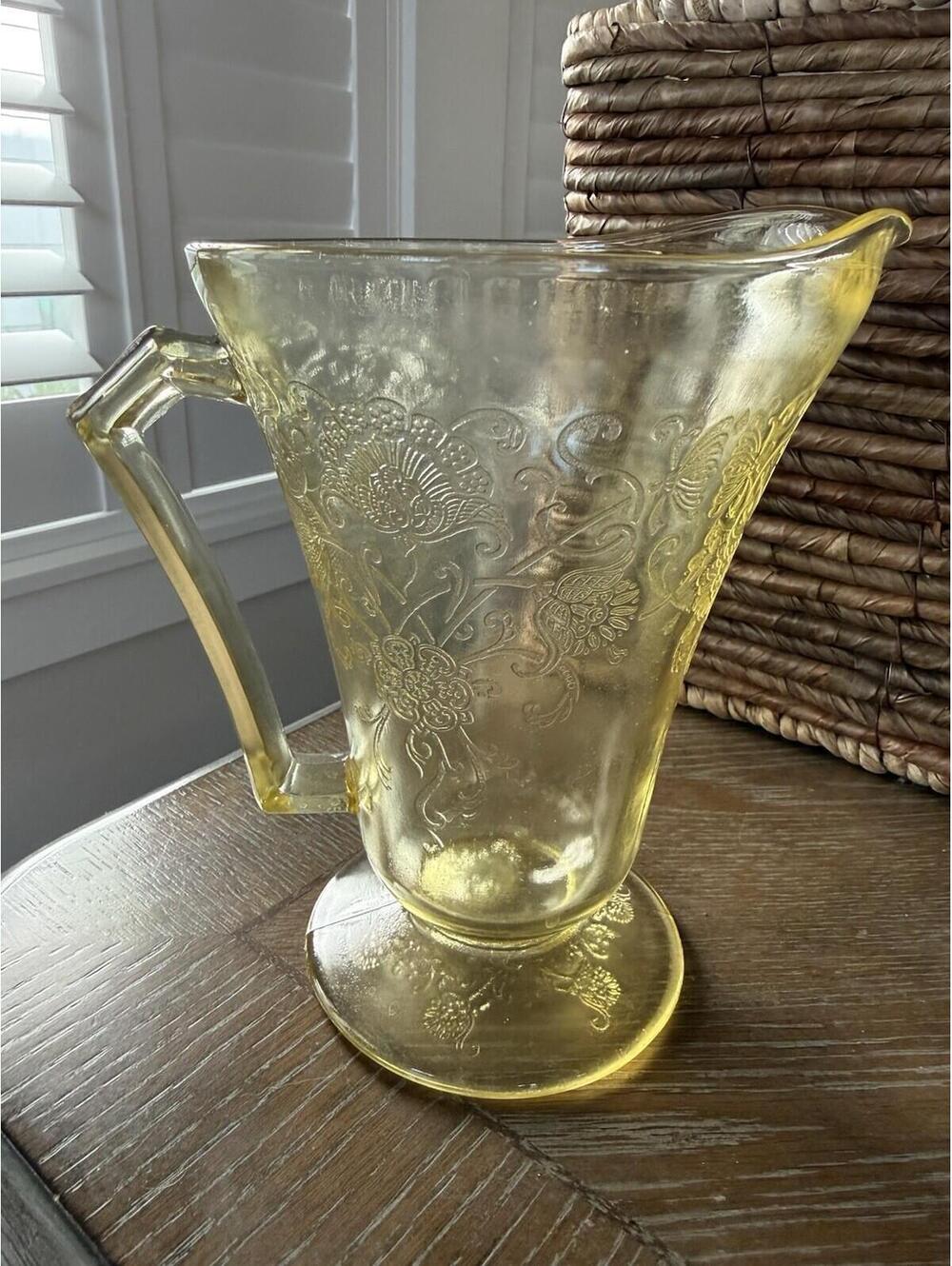 Depression Glass Yellow Footed Pitcher Hazel Atlas Florentine #2 Poppy 1930s